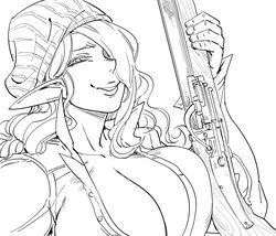  antique_firearm arquebus bb_(baalbuddy) breasts cleavage commentary elf english_commentary female firelock greyscale gun hair_over_one_eye highres holding holding_gun holding_weapon large_breasts long_hair long_sleeves looking_at_viewer matchlock monochrome one_eye_covered original parted_lips pointy_ears rifle simple_background smile smug solo upper_body weapon white_background 