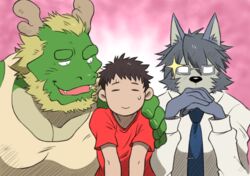  3boys animal_ears beard blue_necktie check_commentary commentary_request dog_boy dog_ears dragon_boy dragon_horns facial_hair fangs father&#039;s_day furry furry_male glasses hiroyuki_nishimura_(morenatsu) horns looking_at_another male_focus mitsuhisa_aotsuki morenatsu multiple_boys necktie open_mouth red_shirt shirako_(kirupi) shirt sparkle sweat tappei_midoriya white_shirt 