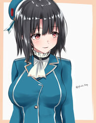  beret black_hair breasts commentary_request female hat highres kantai_collection large_breasts looking_to_the_side military military_uniform red_eyes saplus short_hair smile solo takao_(kancolle) twitter_username uniform upper_body 