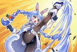  animal_ear_fluff animal_ears axe_kick bare_shoulders black_gloves black_leotard black_pantyhose blue_hair bow braid bridal_garter carrot carrot_hair_ornament coat coat_dress commentary_request creature don-chan_(usada_pekora) dress female food-themed_hair_ornament from_below fur-trimmed_coat fur-trimmed_gloves fur_scarf fur_trim gloves hair_ornament hairbow highres hikimayu hololive kicking leg_up leotard leotard_under_clothes long_hair motion_blur multicolored_hair open_mouth panties pantyhose pantyshot puffy_short_sleeves puffy_sleeves rabbit rabbit-shaped_pupils rabbit_ears rabbit_girl rabbit_tail sakino_shingetsu scarf short_eyebrows short_sleeves solo split standing standing_on_one_leg standing_split strapless strapless_dress symbol-shaped_pupils tail thick_eyebrows twin_braids twintails two-tone_hair underwear usada_pekora usada_pekora_(1st_costume) virtual_youtuber white_coat white_footwear white_hair white_scarf 