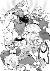  2boys 2girls belt bianca_(dq5) boots bracelet braid cape choker dated defense_zero dragon_quest dragon_quest_v dress family father_and_daughter father_and_son fighting_stance greyscale hair_ornament hero&#039;s_daughter_(dq5) hero&#039;s_son_(dq5) hero_(dq5) holding holding_staff holding_sword holding_weapon holding_whip husband_and_wife jewelry lolicon long_hair magic monochrome mother_and_daughter mother_and_son multiple_boys multiple_girls short_hair side_braid single_braid spiked_hair staff sword turban weapon 