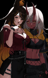  2girls absurdres akumi_(yoclesh) animal_ears bad_id bad_twitter_id belt black_belt black_hair black_skirt breasts brown_eyes chains cleavage colored_skin commission creator_connection english_commentary hair_behind_ear hand_on_another&#039;s_waist highres horns indie_virtual_youtuber large_breasts looking_at_viewer medium_breasts midriff multicolored_hair multiple_girls navel oni_horns open_mouth orange_hair pointy_ears red_skin scar second-party_source sinder_(vtuber) sinder_(vtuber)_(1st_costume) skeb_commission skirt smile streaked_hair virtual_youtuber white_hair wolf_ears wolf_girl youichi_(45_01) 