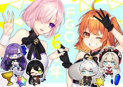  2boys 4girls :3 ahoge anniversary ascot bad_id bad_pixiv_id bare_shoulders black_coat black_footwear black_gloves black_hair black_jacket black_pants black_ribbon black_skirt blue_eyes blue_ribbon breasts chaldea_logo charles-henri_sanson_(fate) chibi chinese_clothes coat collarbone commentary_request copyright_name cropped_jacket crotch_plate dress fate/grand_order fate/grand_order_waltz_in_the_moonlight/lostroom fate_(series) fingernails flower_tattoo fujimaru_ritsuka_(female) fujimaru_ritsuka_(female)_(waltz_in_the_moonlight/lostroom) full_body gauntlets gloves green_eyes grey_hair hair_between_eyes hair_ornament hair_over_one_eye hair_ribbon hair_scrunchie hands_in_pockets hat highres holding holding_hands holy_grail_(fate) interlocked_fingers jacket jewelry kuzuta0807 large_breasts leg_up light_purple_hair long_hair looking_at_another looking_at_viewer looking_to_the_side marie_antoinette_(fate) mash_kyrielight mash_kyrielight_(under_the_same_sky) meltryllis_(fate) middle_w mini_person miniboy minigirl miniskirt multiple_boys multiple_girls neck_ribbon necklace official_alternate_costume one_eye_closed one_eye_covered open_mouth orange_eyes orange_hair pants pink_ascot pocket ponytail prosthesis prosthetic_leg purple_eyes purple_hair red_dress red_gloves red_headwear ribbon saint_quartz_(fate) scrunchie short_hair shrug_(clothing) side_ponytail skirt sleeveless sleeveless_dress sleeves_past_fingers sleeves_past_wrists smile tattoo teeth twintails upper_body w white_dress white_footwear white_hair white_scrunchie wrist_cuffs yan_qing_(fate) 