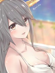  :d bare_shoulders bikini blurry blurry_background breasts brown_eyes cleavage close-up collarbone commentary_request female grey_hair hair_ornament hairclip haruna_(2016_swimsuit_mode)_(kancolle) haruna_(kancolle) headgear kantai_collection large_breasts long_hair looking_at_viewer open_mouth saplus smile solo swimsuit twitter_username white_bikini 