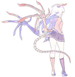  brown_jacket dragon_horns dragon_tail dragon_wings female from_behind full_body hand_on_hip high_heels highres horns jacket long_hair long_sleeves nagisa_kurousagi original pleated_skirt school_uniform shoes simple_background skirt socks solo tail white_background white_hair wings 