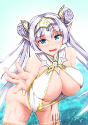  bare_shoulders blue_eyes blush breasts britomart_(fate) center_opening cleavage double_bun fate/grand_order fate_(series) female gold_one-piece_swimsuit gold_trim grey_hair hair_bun hairband highleg highleg_swimsuit large_breasts leaning_forward long_hair looking_at_viewer o-ring one-piece_swimsuit open_mouth outstretched_arm pointy_ears smile solo swimsuit taut_clothes taut_swimsuit tetsuhige thighs twintails two-tone_swimsuit very_long_hair wading water wet white_one-piece_swimsuit 