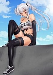  alabama_(azur_lane) azur_lane bandeau bare_shoulders bikini bikini_top_only bikini_under_clothes black_bikini black_thighhighs blue_sky blush bodypaint breasts cloud dark-skinned_female dark_skin day detached_collar elbow_gloves facepaint female gloves grey_hair highleg highleg_bikini highleg_panties highres kamui_aya large_breasts native_american navel outdoors panties pencil_skirt red_eyes shoes sitting_on_wall skirt sky sneakers solo strapless string_bikini swimsuit thighhighs thong thong_bikini tube_top twintails underwear wall 