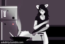  2015 anthro appliance ashtray better_version_at_source biped black_clothing black_nose black_shirt black_topwear breasts canid canine cigarette clothed clothing detailed_background digital_media_(artwork) digital_painting_(artwork) dirtyscoundrel female fox fridge fully_clothed inside kitchen kitchen_appliance looking_at_viewer magnet mammal monochrome panties pattern_clothing pattern_underwear shirt smile solo striped_clothing striped_underwear stripes t-shirt tail text topwear underwear url white_ears white_tail 