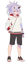  1boy arm_at_side belt black_footwear black_shorts full_body hair_between_eyes hand_in_pocket highres hood hood_down hoodie horns long_hair looking_at_viewer male_focus nagisa_kurousagi original ponytail purple_hair red_eyes sandals shorts simple_background solo white_background wristband 