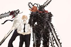  1boy black_necktie black_pants blonde_hair brown_eyes chainsaw chainsaw_devil chainsaw_man collared_shirt cowboy_shot demon demon_boy denji_(chainsaw_man) highres intestine_clothing intestines male_focus moe_(user_rnwk4853) monster monster_boy necktie pants pochita_(chainsaw_man) sharp_teeth shirt shirt_tucked_in short_hair sleeves_rolled_up teeth white_shirt 