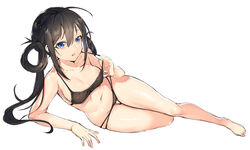  absurdres black_bra black_panties blue_eyes bra breasts brown_hair commentary_request female full_body hair_between_eyes hair_rings highres iiiroha legs lips long_hair looking_at_viewer lying medium_breasts on_side original panties parted_lips sidelocks simple_background solo underwear very_long_hair white_background 