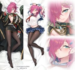  aiguillette arm_up armpits arms_up artist_name azur_lane bed_sheet billie_(meng_gong_fang) black_coat black_legwear black_sleeves blue_ribbon blue_sailor_collar blue_skirt blush breasts coat commentary_request dakimakura_(medium) dated earrings epaulettes eyes_visible_through_hair female full_body gloves green_eyes hair_between_eyes hair_ornament hair_over_one_eye hairclip holding holding_pen jewelry large_breasts long_hair looking_at_viewer lying military military_uniform miniskirt mole mole_on_body mole_under_eye multiple_views neckerchief no_shoes official_alternate_costume on_back pantyhose paper pen pink_hair pleated_skirt ponytail red_neckerchief ribbon sailor_collar school_uniform shadow shirt shirt_overhang short_sleeves shrug_(clothing) sideboob sidelocks skirt smartwatch smile tabard trieste_(azur_lane) trieste_(rooftop_lunch_break)_(azur_lane) uniform watch white_gloves white_shirt wristwatch 