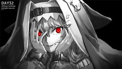  arknights black_background female habit hands_on_own_cheeks hands_on_own_face highres long_hair long_sleeves looking_at_viewer makkuro monochrome nun parted_lips red_eyes simple_background solo specter_(arknights) spot_color 