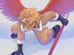  1boy arm_support black_footwear black_gloves black_socks blonde_hair boku_no_hero_academia boots brown_pants closed_mouth commentary_request eyebrows_hidden_by_hair facial_hair facial_mark feathered_wings feathers fur-trimmed_gloves fur-trimmed_jacket fur_trim gloves goggles hawks_(boku_no_hero_academia) headphones holding holding_feather jacket looking_afar looking_ahead looking_away male_focus miso_(mimimiso) on_one_knee pants red_feathers red_wings shadow short_hair socks solo stubble tinted_eyewear wings yellow-tinted_eyewear yellow_eyes 