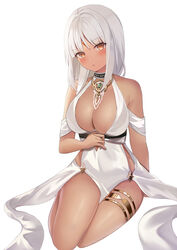  absurdres azur_lane bare_shoulders blush body_markings breasts center_opening cocktail_dress commentary dark-skinned_female dark_skin dress evening_gown facial_mark female forehead_mark gold_choker halter_dress halterneck highres large_breasts long_hair looking_at_viewer massachusetts_(azur_lane) massachusetts_(dressed_to_impress)_(azur_lane) nannann official_alternate_costume simple_background thighlet white_background white_hair yellow_eyes 