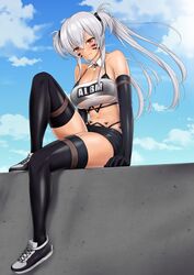  alabama_(azur_lane) azur_lane bandeau bare_shoulders bikini bikini_top_only bikini_under_clothes black_bikini black_shorts black_thighhighs blue_sky blush bodypaint breasts cloud commentary_request dark-skinned_female dark_skin day detached_collar elbow_gloves facepaint female gloves grey_hair highleg highleg_bikini highleg_panties highres kamui_aya large_breasts native_american navel outdoors panties red_eyes shoes short_shorts shorts sitting_on_wall sky sneakers solo strapless string_bikini swimsuit thighhighs thong thong_bikini tube_top twintails underwear wall 