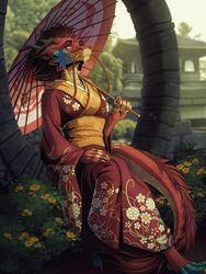  2021 3:4 anthro asian_clothing asian_mythology barbel_(anatomy) black_horn blue_feet breasts claws clothing countershade_scales countershading crossed_legs detailed_background dragon east_asian_clothing east_asian_mythology eastern_dragon eyebrows eyelashes feet female flesh_whiskers flower fluffy fluffy_tail hand_on_lap hi_res holding_object holding_umbrella horn howlite japanese_clothing kimono long_tail looking_up mane markings mythological_creature mythological_scalie mythology noodle_(jestrab) plant raised_eyebrow red_body red_clothing red_ears red_scales reptile rock scales scalie shaded sitting sky smile solo tail temple tree umbrella wagasa yellow_body yellow_claws yellow_clothing yellow_countershading yellow_eyes yellow_inner_ear yellow_markings yellow_scales 