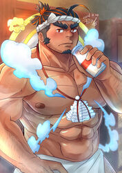  1boy abs absurdres ahoge arm_hair bara beard black_hair blush bottle cowboy_shot dark-skinned_male dark_skin facial_hair goatee hachimaki halo halo_behind_head headband highres jewelry kageru_(mofnyan) large_pectorals loincloth long_sideburns looking_at_viewer male_focus mature_male milk_bottle multicolored_hair muscular muscular_male navel necklace nipples pectorals red_hair sarutahiko_(housamo) sauna shell shell_necklace short_hair sideburns smoke solo steam stomach stubble thick_eyebrows tied_hair tokyo_afterschool_summoners two-tone_hair 