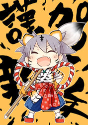  ^_^ animal_ears animal_print blush calligraphy_brush chinese_zodiac closed_eyes commentary_request facepaint female full_body geta gloves grey_hair hair_between_eyes hand_on_own_hip highres hinata_yuu holding holding_brush japanese_clothes kimono medium_hair new_year obi oerba_yun_fang open_mouth orange_background orange_gloves original paintbrush sash sidelocks skin_fang smile socks solo standing tiger_ears tiger_print white_socks year_of_the_tiger 