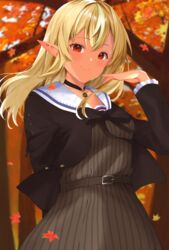  absurdres arm_behind_back autumn autumn_leaves bad_id bad_pixiv_id black_cardigan blonde_hair cardigan closed_mouth commentary dark-skinned_female dark_skin dress elf female green_dress hair_between_eyes highres hololive kurogane_tekki long_hair looking_at_viewer multicolored_hair orange_eyes pinstripe_dress pinstripe_pattern pointy_ears sailor_collar sailor_dress shiranui_flare shiranui_flare_(street) smile solo streaked_hair striped_clothes striped_dress vertical-striped_clothes vertical-striped_dress virtual_youtuber white_sailor_collar 