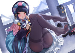  ass black_hair blunt_bangs blush bonnet boots breasts chinese_commentary commentary crotch_seam dorsiflexion dress english_commentary feet female foot_focus fur_collar genshin_impact grey_pantyhose gusset hair_ornament highres legs legs_up long_hair long_sleeves looking_at_viewer medium_breasts mixed-language_commentary no_shoes open_mouth panties panties_under_pantyhose pantyhose plantar_flexion purple_dress purple_hair purple_headwear purple_pantyhose red_eyes shoes sitting skirt smile soles solo tassel thighband_pantyhose thighs toe-point toes underbust underwear unworn_shoes white_panties white_skirt yonoki yun_jin_(genshin_impact) 