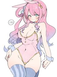  adapted_costume alternate_breast_size animal_ears asymmetrical_legwear bare_shoulders blush breasts choker cleavage collarbone covered_navel fake_animal_ears female gold_trim gradient_hair green_eyes hair_ribbon heterochromia highres himemori_luna himemori_luna_(1st_costume) hololive kuma_no_bansoukou large_breasts leotard long_hair looking_at_viewer mismatched_legwear multicolored_hair nail_polish pink_hair pink_leotard playboy_bunny purple_eyes purple_hair purple_thighhighs rabbit_ears ribbon simple_background solo spoken_blush strapless strapless_leotard striped_clothes striped_thighhighs sweat thighhighs vertical-striped_clothes vertical-striped_thighhighs virtual_youtuber wavy_hair white_background wide_hips wrist_cuffs 