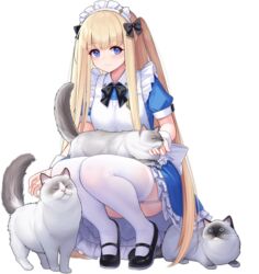  allenes animal azur_lane black_bow black_footwear blonde_hair blue_eyes bow feline female full_body garter_straps highres icarus_(at_your_service)_(azur_lane) icarus_(azur_lane) kneeling long_hair looking_at_viewer maid maid_headdress official_alternate_costume official_art smile thighhighs transparent_background white_thighhighs 