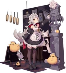  azur_lane bare_shoulders bismarck_(azur_lane) black_footwear black_thighhighs bug butterfly cameo female full_body grey_hair hair_ornament highres indoors kinjo_kuromomo long_hair maid maid_headdress manjuu_(azur_lane) official_alternate_costume official_art ribbon robotic_vacuum_cleaner sculpture standing thigh_strap thighhighs transparent_background yellow_eyes z46_(azur_lane) z46_(chronicles_of_the_dust_wars)_(azur_lane) 