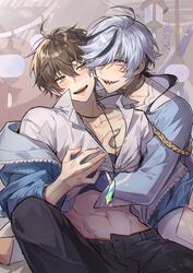  2boys abs absurdres bishounen black_hair black_pants blade_(nu_carnival) brown_eyes brown_hair eiden_(nu_carnival) grabbing grey_eyes grey_hair hair_over_eyes highres hug hug_from_behind long_sleeves looking_at_another male_focus multicolored_hair multiple_boys nanin navel nu_carnival off_shoulder open_mouth pants pectoral_grab sharp_teeth short_hair silver_nails smile streaked_hair teeth yaoi 