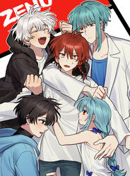  4boys ahoge aqua_hair arm_around_neck black_eyes black_hair blue_hair braid closed_eyes coat female haruno_kochi highres holding holding_clothes holding_leg holding_shirt hood hoodie korean_commentary long_hair maeno_aki multiple_boys oerba_yun_fang pt082zn red_eyes red_hair shirt short_hair skin_fang tsugino_haru ushirono_fuyu ushirono_natsu white_coat white_hair zeno_(game) 