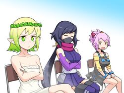  3girls apron ayame_(gundam_build_divers) black_hair borrowed_character breasts cleavage closed_eyes commentary g-forest_goddess_(ishiyumi) gal_modeler_kasuko-chan green_eyes green_hair gundam gundam_build_divers kanda_sumire kanda_sumire_(character) large_breasts looking_ahead looking_to_the_side mask medium_breasts mouth_mask multiple_girls ninja ninja_mask original pink_hair pointy_ears short_hair sitting trait_connection yellow_eyes 