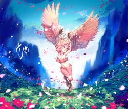  absurdres aqua_eyes armpits arms_up breasts cleavage commentary_request copyright_request feathered_wings female floating_hair flower harpy highres leaf medium_breasts monster_girl navel p!k@ru petals pink_flower pink_hair plant solo wide_shot winged_arms wings 