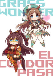  2girls absurdres animal_ears black_thighhighs blue_eyes braid breasts brown_hair character_name chibi cleavage clenched_hands ear_ornament el_condor_pasa_(kukulkan_monk)_(umamusume) el_condor_pasa_(umamusume) gloves grass_wonder_(saint_jade_healer)_(umamusume) grass_wonder_(umamusume) hair_between_eyes heart highres horse_ears horse_girl horse_tail juliet_sleeves large_breasts long_hair long_sleeves looking_at_viewer multicolored_hair multiple_girls official_alternate_costume puffy_sleeves simoyuki streaked_hair tail thighhighs umamusume very_long_hair white_gloves white_hair white_thighhighs 