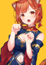  animal_ear_fluff animal_ears blue_dress blue_sleeves blush breasts brown_hair cleavage cleavage_cutout clothing_cutout commentary_request detached_sleeves dress eyebrows_hidden_by_hair female flower hair_flower hair_ornament hairclip hands_up highres long_sleeves low_twintails medium_breasts mole mole_on_stomach navel navel_cutout nijisanji oerba_yun_fang open_mouth paw_pose ratna_petit ratna_petit_(2nd_costume) red_eyes red_flower red_panda_ears red_panda_tail ribbon short_twintails simple_background sleeveless sleeveless_dress solo striped_tail tail twintails upper_body virtual_youtuber wide_sleeves x_hair_ornament yellow_background yellow_ribbon yuuri_nayuta 