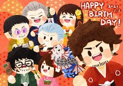  2021 :3 adachi_koichi afro alternate_costume birthday black_kimono brown_hair celebration chibi dated dragonfish_(cryptid) eating english_commentary english_text everyone excited eyebrows food friends green_kimono grey_jacket grey_pants hagino_490 hair_slicked_back han_joon-gi happy_birthday highres hood hoodie icing jacket january japanese_clothes kamataki_eri kasuga_ichiban kimono looking_at_viewer mukoda_saeko multiple_boys nanba_yu new_year noodles on_head orange_kimono pants pink_kimono plate ramen red_kimono round_eyewear ryuu_ga_gotoku_(series) ryuu_ga_gotoku_7 shirt signature sitting sleeping streamers yellow_background yellow_kimono zhao_tianyou 