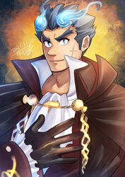  1boy absurdres alternate_costume aristocratic_clothes black_gloves blue_eyes blue_fire blue_hair cross_scar fiery_horns fire forked_eyebrows gloves hair_slicked_back halloween halloween_costume highres horns kageru_(mofnyan) looking_at_viewer male_focus official_alternate_costume sakimori_toji scar scar_on_cheek scar_on_face short_hair sideburns smile solo thick_eyebrows tokyo_afterschool_summoners upper_body vampire_costume 