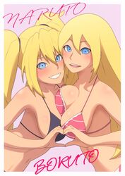  ass bikini blonde_hair blue_eyes blush boruko boruto:_naruto_next_generations breasts commentary_request cowboy_shot eeshin_(eishin5584) facial_mark female from_behind genderswap_(mtf) heart large_breasts long_hair looking_at_viewer looking_back naruko_(naruto) naruto naruto_(series) parted_lips rule_63 sexy_no_jutsu skindentation solo swimsuit twintails uzumaki_boruto uzumaki_naruto whisker_markings 