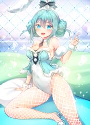  :d animal_ears arm_support bare_shoulders bicute_bunnies_miku bindong blue_eyes blue_footwear blue_hair bow breasts cleavage commentary covered_navel detached_collar double_bun ear_bow female fishnet_pantyhose fishnets fur_collar fur_trim hair_bun hatsune_miku high_heels highleg highleg_leotard highres leotard long_hair looking_at_viewer medium_breasts necktie open_mouth pantyhose pillow playboy_bunny rabbit_ears rabbit_tail shoes short_necktie smile solo strapless strapless_leotard symbol-only_commentary tail thighs tied_ears vocaloid wrist_cuffs 