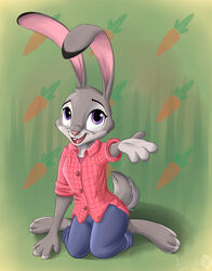  anthro barefoot biped bottomwear buckteeth cheek_tuft clothed clothing dipstick_ears disney ear_markings facial_tuft feet fully_clothed fur green_background grey_body grey_fur head_tuft hi_res judy_hopps lagomorph leporid mammal multicolored_ears open_mouth open_smile pants pink_nose purple_eyes rabbit shirt simple_background sirzi smile solo teeth topwear tuft zootopia 