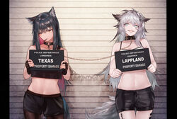  2girls :p animal_ear_fluff animal_ears arknights black_hair black_nails bound_together brown_eyes chains choker cowboy_shot crop_top fangs fingerless_gloves food gloves grey_eyes grey_hair hair_between_eyes hair_ornament hairclip holding ink. lappland_(arknights) linked_collar long_hair looking_away material_growth midriff mouth_hold mugshot multicolored_hair multiple_girls navel oripathy_lesion_(arknights) pocky red_hair scar scar_across_eye scar_on_face shorts sleeveless smile stomach tail texas_(arknights) tongue tongue_out two-tone_hair wolf_ears 