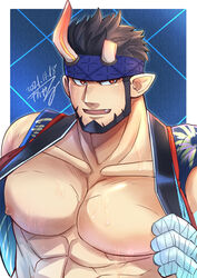  1boy abs absurdres bandaged_hand bandages bara bare_pectorals beard black_hair broken_horn demon_boy demon_horns facial_hair happi headband highres horns japanese_clothes kageru_(mofnyan) large_pectorals live_a_hero male_focus mature_male muscular muscular_male nessen_(live_a_hero) nipples oerba_yun_fang pectorals short_hair solo upper_body 