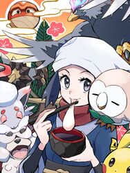  akari_(pokemon) ayo_(ayosanri009) black_shirt blue_jacket bowl chopsticks closed_mouth commentary eating eyelashes female food galaxy_expedition_team_survey_corps_uniform grey_eyes hands_up head_scarf hisuian_braviary hisuian_growlithe hisuian_voltorb hisuian_zorua holding holding_bowl holding_chopsticks jacket kleavor looking_at_viewer mochi mochi_trail mouth_hold on_shoulder pikachu pokemon pokemon_(creature) pokemon_legends:_arceus pokemon_on_shoulder red_scarf rowlet sash scarf shirt smile white_headwear 