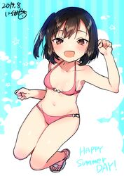  absurdres bikini black_hair bow bow_bikini breasts brown_eyes clenched_hands collarbone fantia_reward female full_body highres ichihaya looking_at_viewer navel one_side_up open_mouth original paid_reward pink_bikini sandals short_hair small_breasts solo swimsuit 