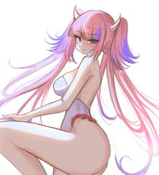  backless_leotard bare_arms bare_shoulders blush breasts closed_mouth commentary demon_girl demon_horns english_commentary female fingernails from_side hair_between_eyes highres horns ironmouse ironmouse_(race_queen) knee_up large_breasts leotard light_smile long_hair looking_at_viewer multicolored_hair nail_polish pink_hair purple_eyes purple_hair purple_nails race_queen s7nsles simple_background solo strapless strapless_leotard streaked_hair thighs twintails very_long_hair virtual_youtuber vshojo white_background white_leotard 