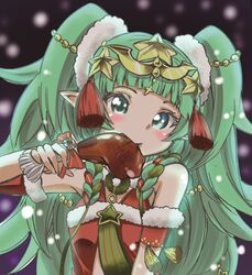  braid commentary eating female fire_emblem fire_emblem:_three_houses fire_emblem_heroes food green_eyes green_hair hahe hair_ornament hair_ribbon highres long_hair meat ribbon ribbon_braid santa_costume side_braid snow solo sothis_(fire_emblem) sothis_(winter)_(fire_emblem) star_(symbol) star_hair_ornament turkey_leg very_long_hair 