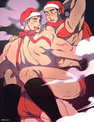  2boys abs armpit_hair armpits back bad_id bad_twitter_id balnom bara black_hair blush bow bra brown_hair carrying carrying_person chest_hair christmas earrings eyebrow_cut fang_out from_side hat highres jewelry large_pectorals leg_hair long_sideburns male_focus mature_male min_woong_(ina) multiple_boys muscular muscular_male oerba_yun_fang original pectorals red_bra red_shorts santa_costume santa_hat scarf seductive_smile short_hair shorts sideburns smile thick_eyebrows thick_thighs thighs topless_male underwear yaoi 