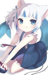  aged_down animal_ears bag blue_eyes blue_hair cat_ears commentary fang_out female fins fish_tail gawr_gura gawr_gura_(casual) grey_hair highres hololive hololive_english kneeling light_blue_hair lolicon looking_at_viewer multicolored_hair oerba_yun_fang official_alternate_costume one_side_up ro_(igris-geo) shark shark_tail skin_fang solo streaked_hair tail virtual_youtuber white_background 