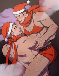  2boys abs arm_hair back bara black_hair blush bow bra brown_hair carrying carrying_person chest_hair christmas couple eyebrow_cut facial_hair from_side happy hat highres ina_(ina29ana) large_pectorals leg_hair long_sideburns male_focus mature_male min_woong_(ina) multiple_boys muscular muscular_male original pectorals red_bra red_shorts santa_costume santa_hat scarf short_hair shorts sideburns smile stubble thick_eyebrows thick_thighs thighs topless_male underwear yaoi 