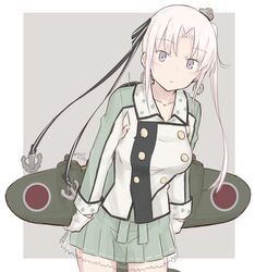  ahoge aircraft airplane akitsushima_(kancolle) anchor_hair_ornament armpit_cutout clothing_cutout female flying_boat green_skirt grey_hair h8k hair_ornament hair_ribbon hat hikashima_(shiofune) kantai_collection leaning_forward long_hair looking_at_viewer military military_uniform mini_hat pleated_skirt purple_eyes ribbon side_ponytail sidelocks skirt solo standing uniform 