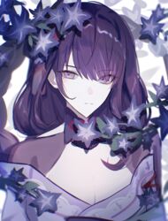  :| blue_flower blush breasts cleavage closed_mouth expressionless female flower genshin_impact hair_between_eyes highres japanese_clothes karamaru626 kimono long_hair looking_at_viewer low_twintails medium_breasts mole mole_under_eye muted_color off_shoulder pale_skin purple_eyes purple_flower purple_hair purple_kimono raiden_shogun shadow sidelocks simple_background solo twintails upper_body white_background 